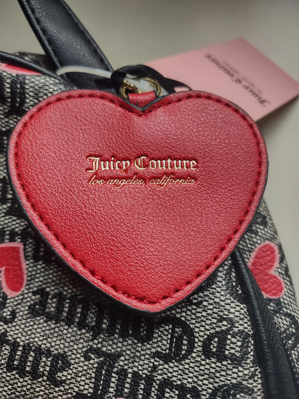 Juicy Couture Black Logo Valentine Hearts Canvas Mini Backpack Red Heart Charm